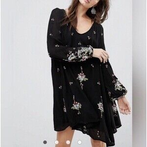 Free People Oxford Mini Tunic Dress Black Embroidered Large Multicolor Floral
